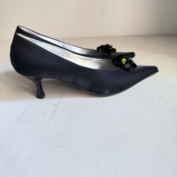 Vintage Sofia Black Satin Pointy Toe Sequin Accent Kitten Heel Hells 36 - Picture 5 of 11